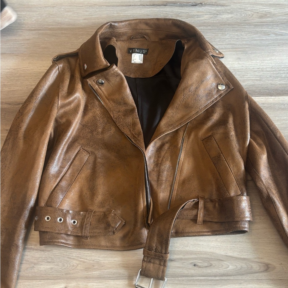 VENUS Women's Cognac Brown Leather Moto Jacket with Belt